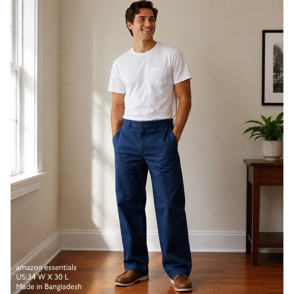 Amazon Essentials Chino Pants Mens 34x30 Navy Blue Relaxed Fit Straight Leg